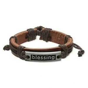 Hand Craft Brown Blessing Affirmation Leather Silver Pewter Adjustable Bracelet